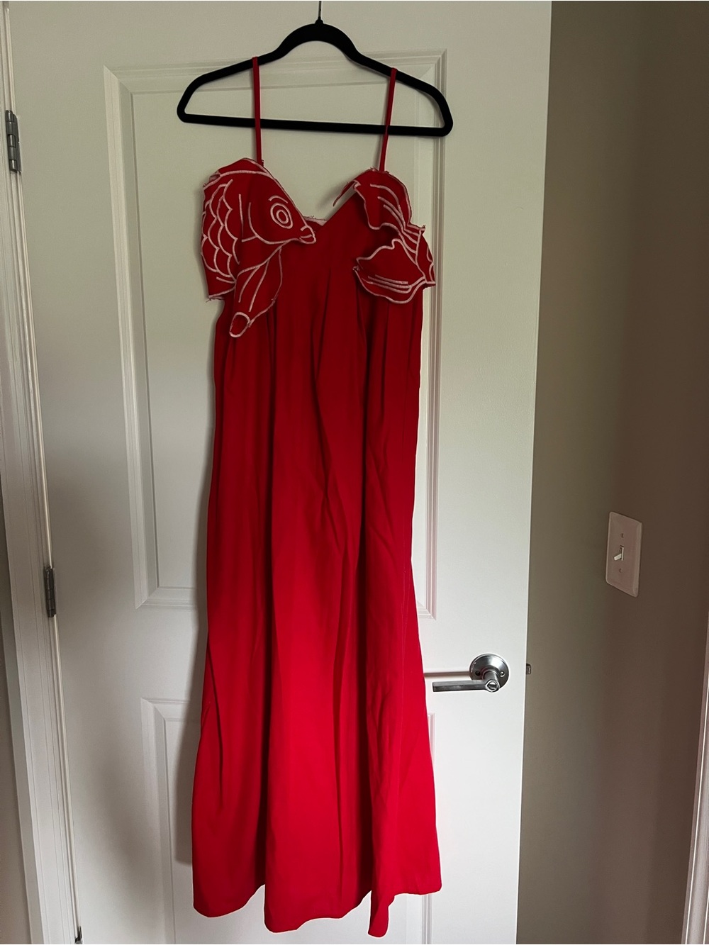 Red Spaghetti-Strap Maxi Dress with Embroidered Bust